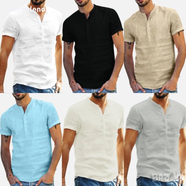 Мъжка памучно-ленена риза с V-образно деколте и къси ръкави, 6цвята, снимка 1