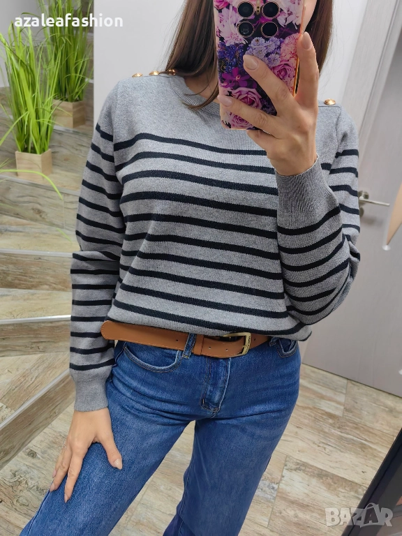 Сив дамски пуловер райе, снимка 1