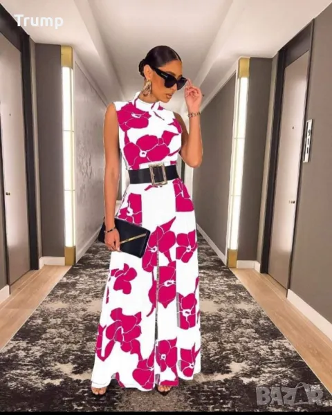 -50% гащеризон широк крачъол цикламени цветя, цвят бял, снимка 1