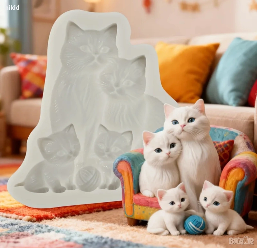 Семейство котки котета котенца коте силиконов молд форма фондан шоколад гипс декор украса, снимка 1