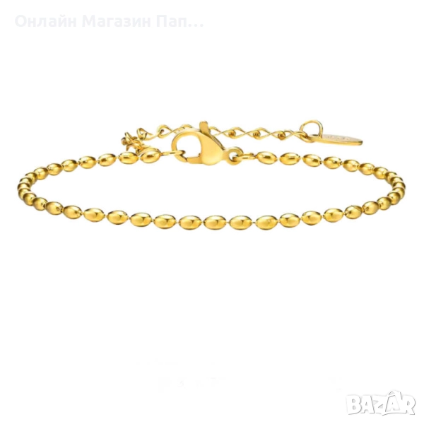 Дамска гривна от неръждаема стомана, позлатена – Верижка с мъниста и монета, регулируема 16–21см, снимка 1