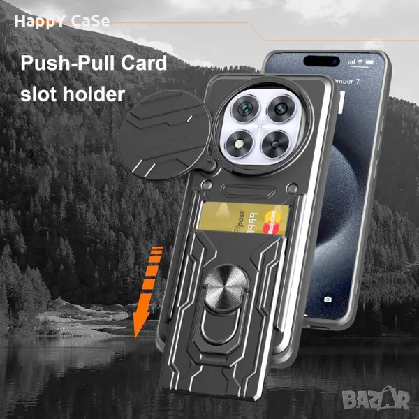 Xiaomi Redmi Note 14 / 14 Pro / 14 Pro+ / CARD SLOT Удароустойчив кейс гръб калъф с пръстен, снимка 1