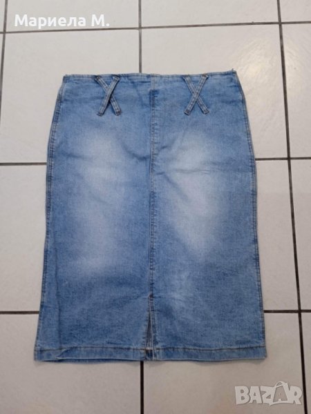 Дънкова пола над коляно, XS, нова, средна тали, снимка 1