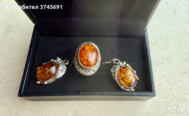 Античен руски пръстен сребро и кехлибар, снимка 1