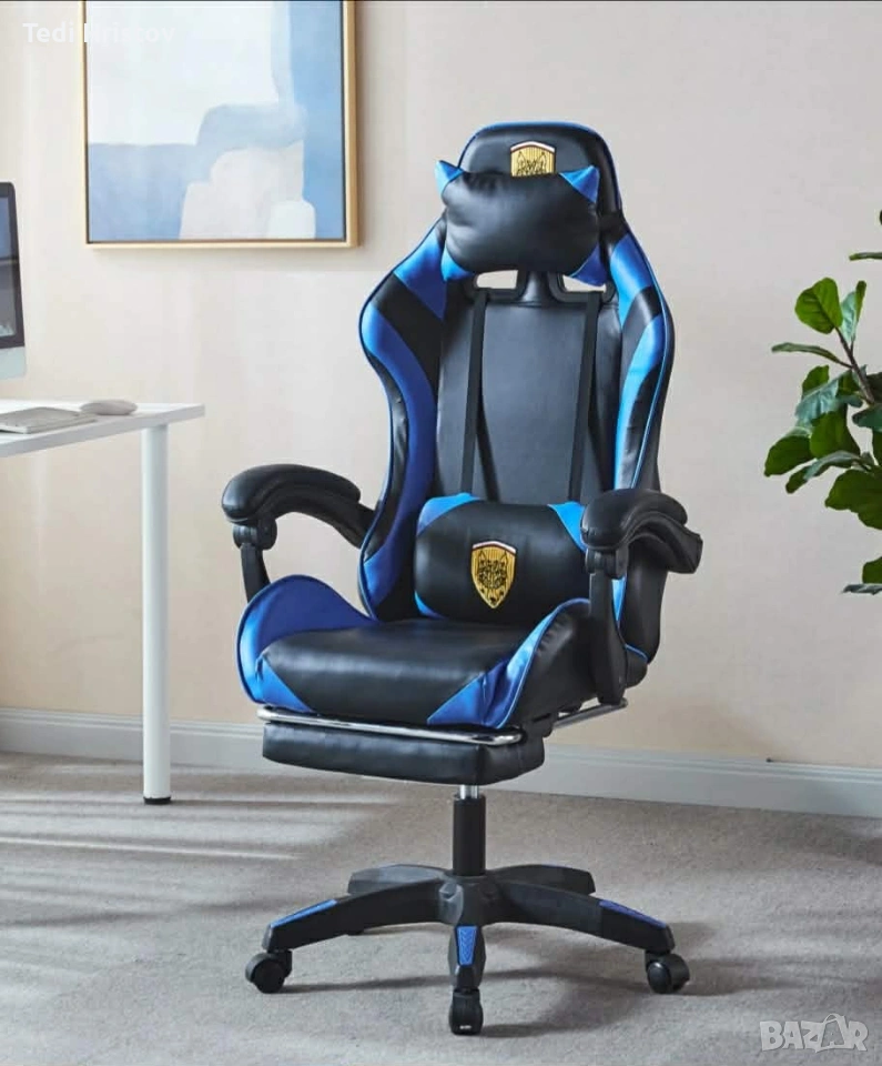 Геймърски стол за релакс с масаж и подложка за крака – син, снимка 1