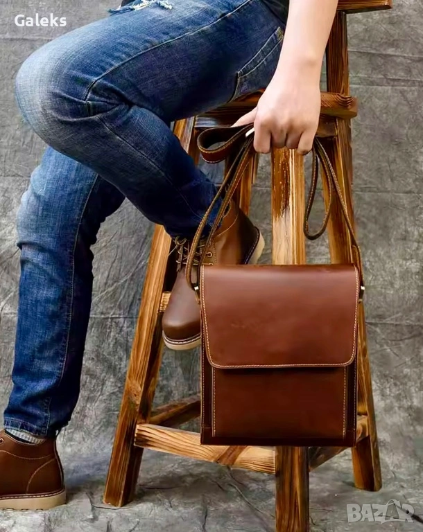 Мъжка луксозна кожена, винтидж чанта /Кафява Crazy Horse* естествена кожа!, снимка 1