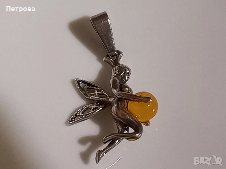 Сребърна фея с жълт кехлибар , снимка 1