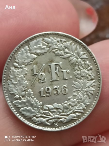 1/2 франк Швейцария 1936 г буква B рядка монета

, снимка 1