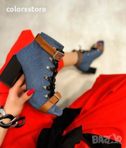 Летни боти на ток - деним с кафява каишка - BK55