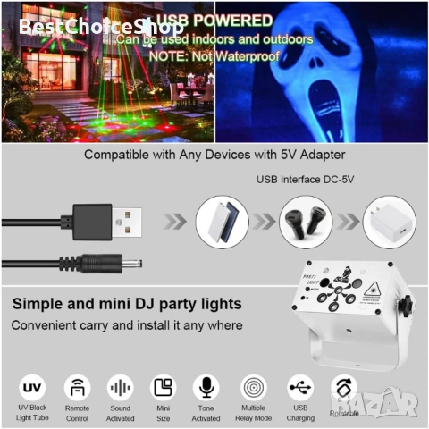 DJ диско светлина USB парти сценични светлини, 120 LED модела, активирани от звук - UV, дистанционно, снимка 12 - Друга електроника - 53664108