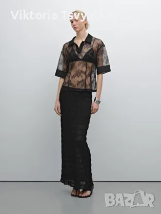 Дантелена блуза с поло яка Massimo Dutti - размер XS, снимка 4 - Тениски - 56215542