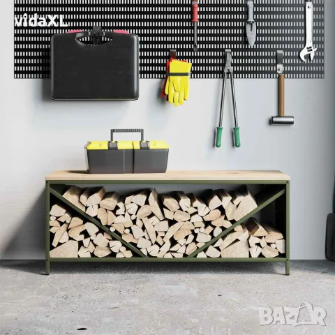 vidaXL Стойка за дърва за огрев с дървена горна част маслиненозелена, снимка 3 - Дърва за огрев - 56148317