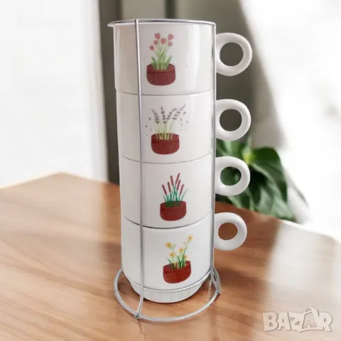 5536 Комплект керамични чаши за кафе на метална стойка Цветя в саксия