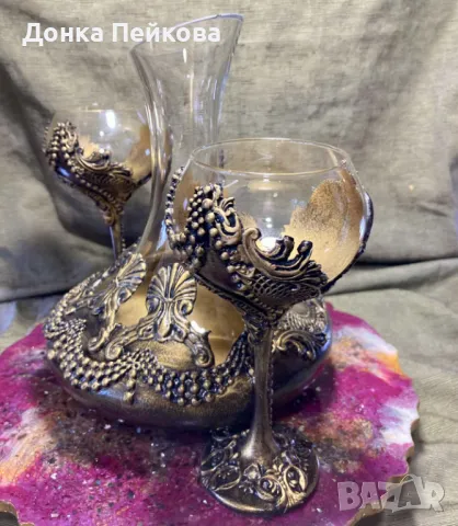 Ръчно изработен сервиз . декантер с две чаши в злато, снимка 11 - Сервизи - 49107939
