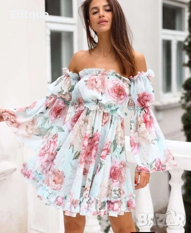 Флорална рокля с паднали ръкави , снимка 3 - Рокли - 53587624