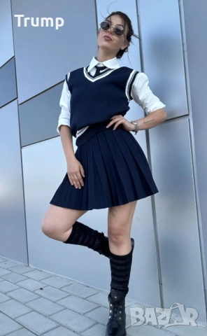 Шик комплект , Академи, пресирана пола , риза , елек, вратовръзка, цвят тъмно син, снимка 2 - Комплекти - 52285502