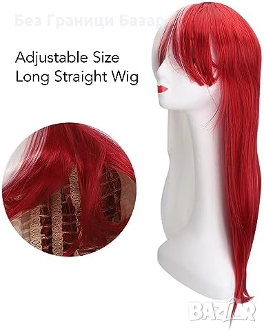 Нова синтетична Дълга права червено-бяла аниме перука за косплей и Хелоуин, снимка 3 - Аксесоари за коса - 51591003