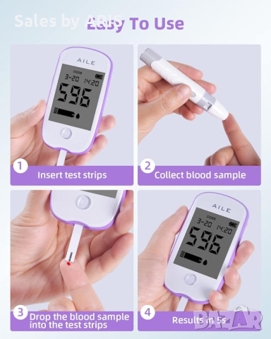 AILE Комплект за измерване на кръвна захар: 50 тест ленти и ланцети, снимка 4 - Друга електроника - 44616171