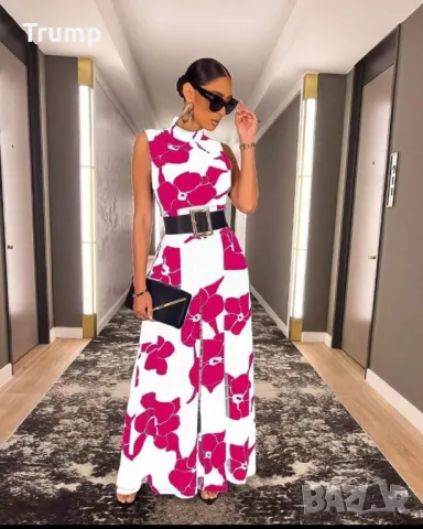 -50% гащеризон широк крачъол цикламени цветя, цвят бял, снимка 1