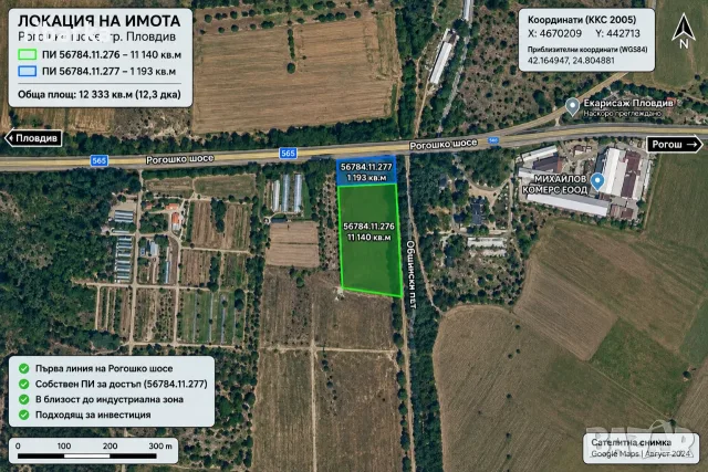 Инвестиционен имот 12,3 дка на Рогошко шосе – 70 м лице, собствен достъп, снимка 2 - Парцели - 55116764