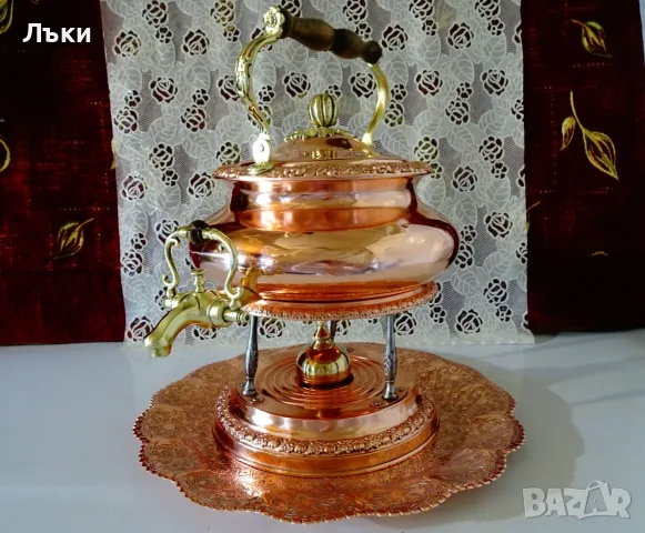 Меден чайник с кранче,диспенсър,стойка,спиртник,поднос. , снимка 12 - Антикварни и старинни предмети - 56009785