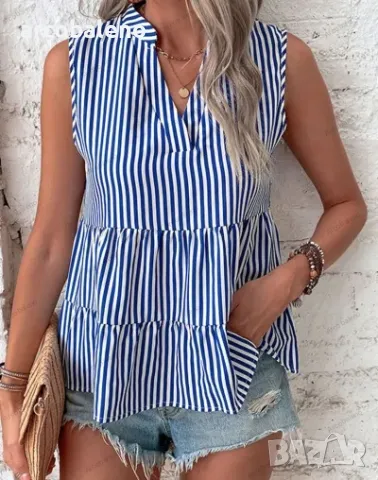 Дамска раирана риза без ръкави с v-образно деколте, снимка 2 - Ризи - 49667678