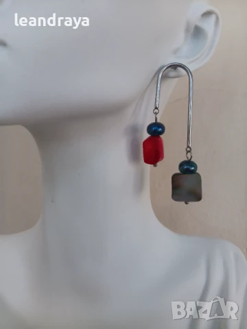 Обици корал, седеф и перли, снимка 3 - Обеци - 50744294