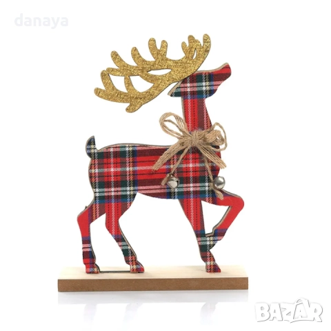 6219 Коледна декоративна фигура Елен с червено каре и златни рога