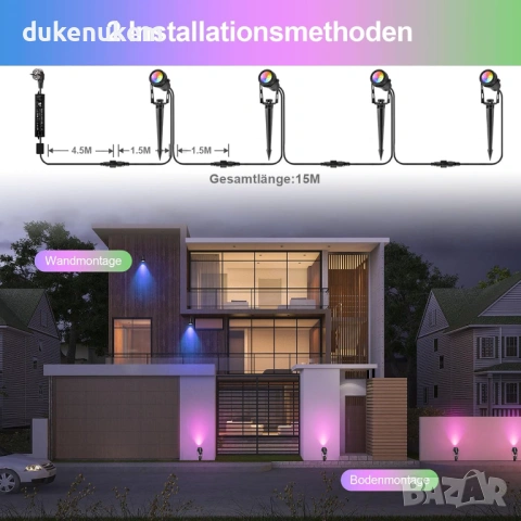 LED градинско осветление RGB – комплект 4 прожектора, 15 м, снимка 5 - Прожектори - 53081695