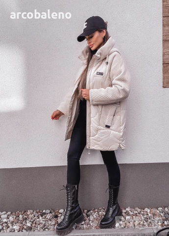 Дамско кремаво по-дълго яке, изработено  от комбиниран материал , снимка 6 - Якета - 52000456