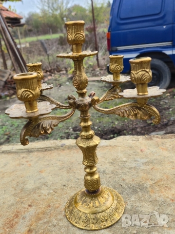 Масивен Бронзов Свещник Петица, снимка 6 - Декорация за дома - 52327276