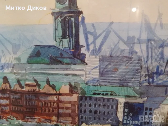 Hamburger Michel Landingsbrucken Binnenalsyer акварел подписан 90г панорама 132х58см Злат. рамка ст., снимка 11 - Картини - 55846251