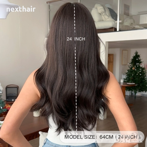 Тъмно кафява чуплива перука с бретон и зигзаг път, снимка 4 - Аксесоари за коса - 52379267