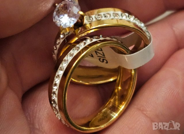 Стилен комплект от 2 броя пръстени с цирконии от медицинска стомана, снимка 1