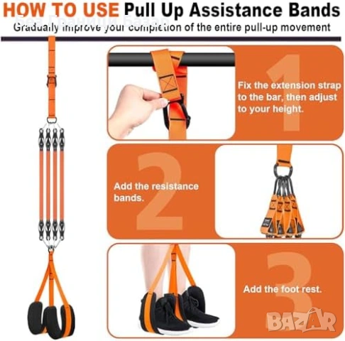 Нов комплект Ластици за асистирани набирания 300 lbs, 4 нива, 2 педала, снимка 6 - Фитнес уреди - 53682026