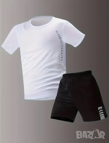 Мъжки летен спортен комплект от 2 части, дишаща тениска с кръгло деколте с къс ръкав и къси панталон, снимка 2 - Спортни дрехи, екипи - 48731997