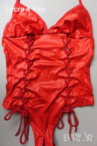 Ann Summers XS/S (UK 8-10) червено боди с кожен ефект и отворено дъно, снимка 4 - Бельо - 53841889