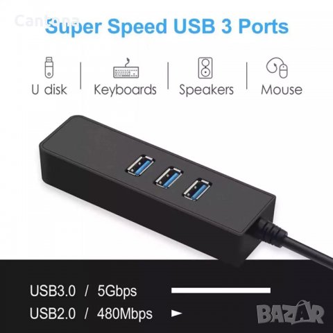 USB HUB с 3 USB 3.0 порта и  Realtek Gbit LAN RJ45, снимка 3 - Мрежови адаптери - 39232546