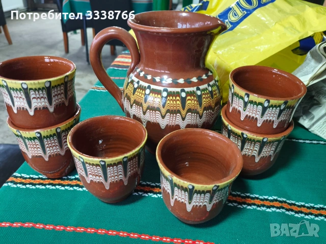 Комплект глинени кана със 6 броя чаши