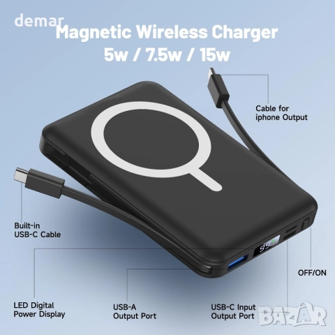 Външна магнитна батерия Magsafe Power Bank с вградени кабели,10000 mAh, снимка 3 - Външни батерии - 52708516