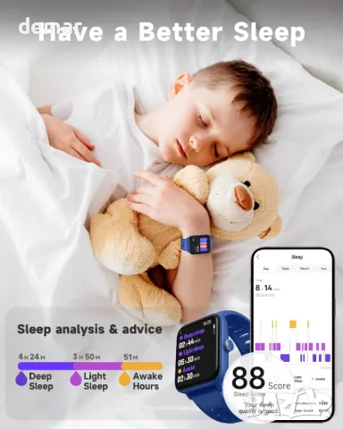 BIGGERFIVE Смарт часовник за деца, крачкомер, сърдечен ритъм, 5ATM водоустойчив, монитор за сън, син, снимка 5 - Смарт часовници - 48498939