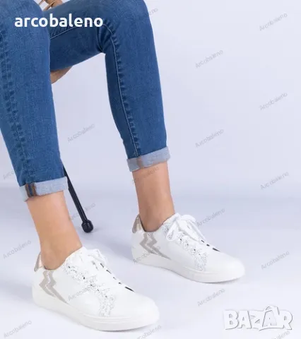 Бели дамски кецове с релеф и блясък Laneta, снимка 3 - Кецове - 49184807