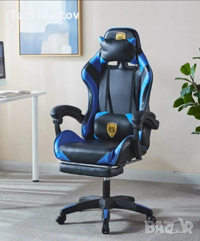 Геймърски стол за релакс с масаж и подложка за крака – син