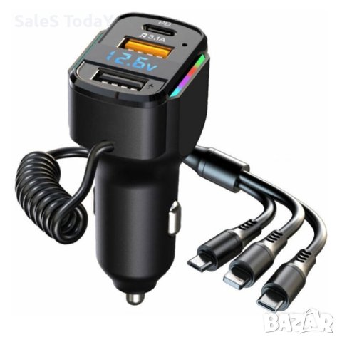 Зарядно за телефон за кола, Бързо зареждане, К4, 2 USB порта и кабел IOS, Type C, Micro, снимка 1