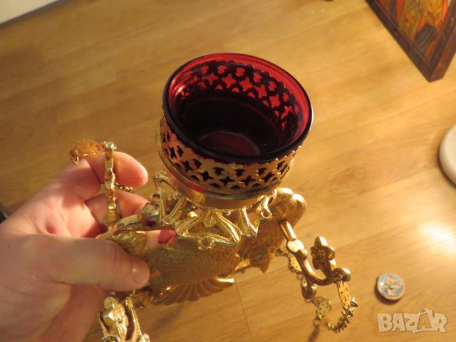 Старинно бронзово руско православно висящо кандило с двуглав орел  и позлата с меч и държава в нокти, снимка 11 - Антикварни и старинни предмети - 35774337