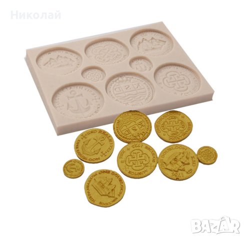Силиконов молд 8 монети , декорация на торта , фондан , шоколад подарък за нумизмати златна монета