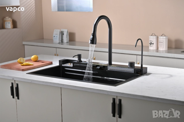 Черна мултифункционална кухненска мивка с двоен водопад , снимка 3 - Мивки - 52127972