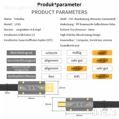 Viborg HiFi USB кабел 0,6 м USB 2.0 тип A до B кабел Посребрен OFC (безкислородна мед), снимка 4 - Кабели и адаптери - 44237665