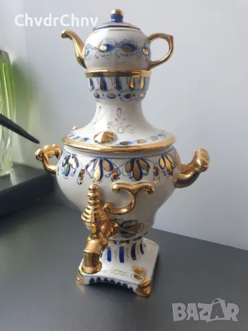 Гжель декоративен съветски руски порцеланов самовар с чайник/СССР Русия 27см