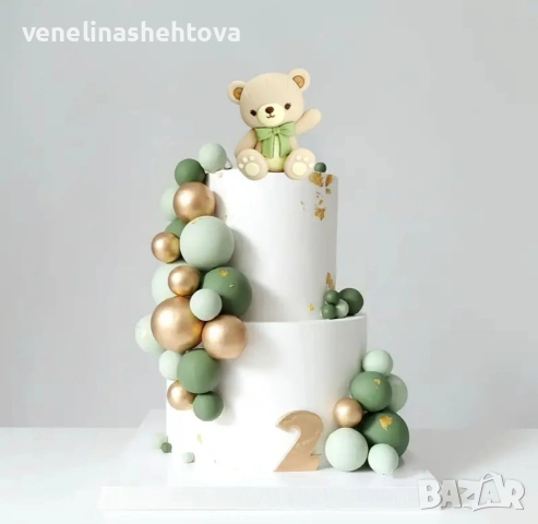 Комплект фигурка мече с топчета зелен бежав златист цвят декорация на торта , снимка 1 - Други - 53806573